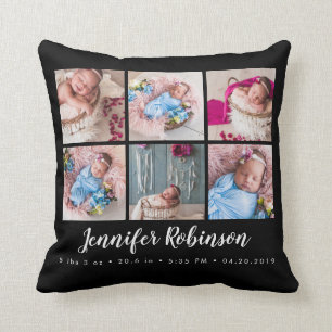 Coussin Black Monogrammed Birth Stat Black Photo Collage