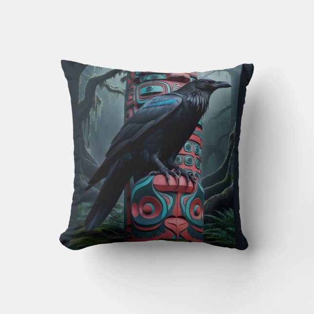 Coussin Black Raven et Totem Poteau Art de la faune (Recto)