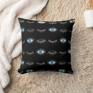 Coussin Black & Silver Blue Evil Eye Eyelashes Nazar Mati