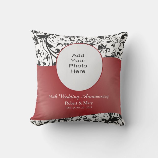 Coussin Black Swirl & Red 40th Mariage Anniversary Photo (Recto)