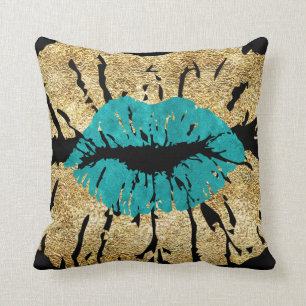 Coussin Black Turquoise Gold Parties scintillant Kiss Lips