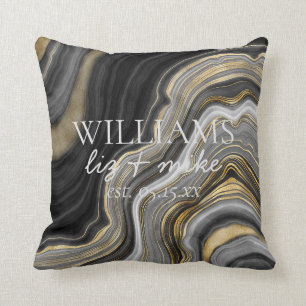 Coussin Black White Gold Agate Nom Mariage Date Keepsaké