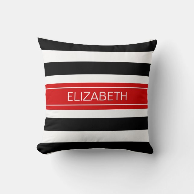 Coussin Black White Horz Preppy Stripe rouge Nom Monogramm (Recto)