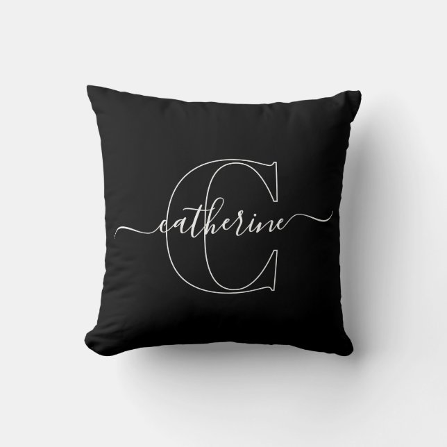 Coussin Black White Minimalist Elegant Script Monogram (Recto)