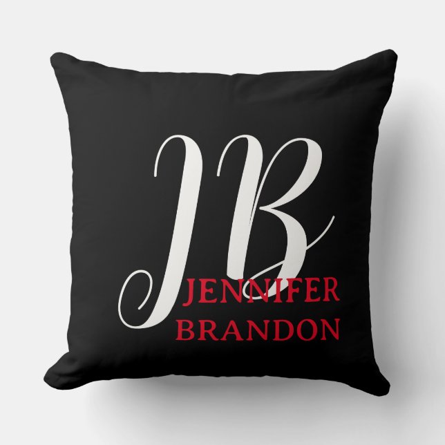 Coussin Black White Red Handwriting Monogram Add Name (Recto)