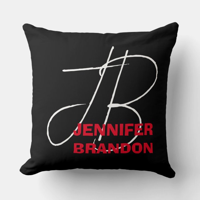 Coussin Black White Red Handwriting Monogram Add Name (Recto)