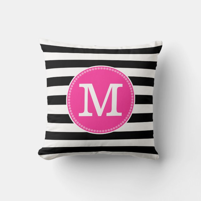 Coussin Black White Stripes Chic Minimal Hot Pink Monogram (Recto)