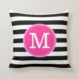 Coussin Black White Stripes Chic Minimal Hot Pink Monogram