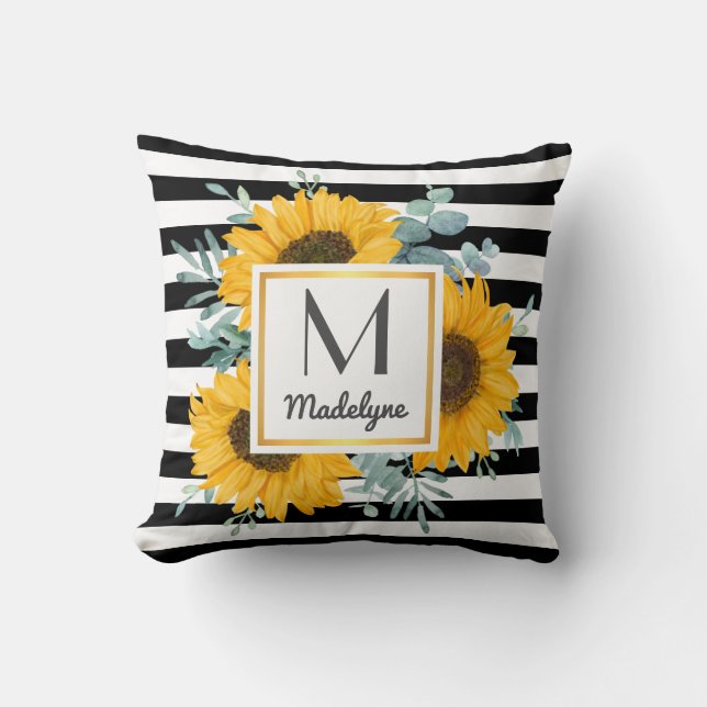 Coussin Black White Stripes Gold Sunflower Personnalisé (Recto)