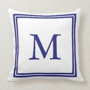 Coussin Blanc avec le monogramme bleu nautique de double