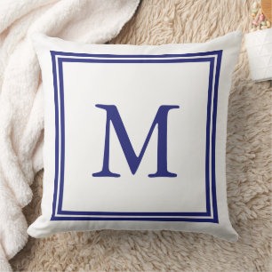 Coussin Blanc avec le monogramme bleu nautique de double