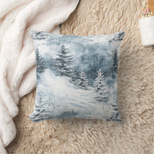 Coussin Blanc Bleu Arbres de Noël Neige d'hiver
