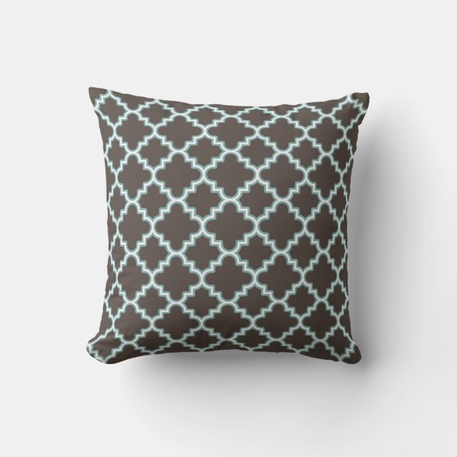 Coussin Blanc bleu Brown de Quatrefoil de trèfle marocain (Recto)