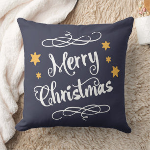 Coussin Blanc bleu de minuit de typographie de Joyeux Noël