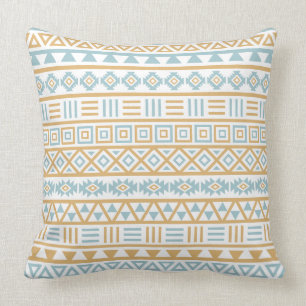 Coussin Blanc bleu d'or de motif aztèque d'influence