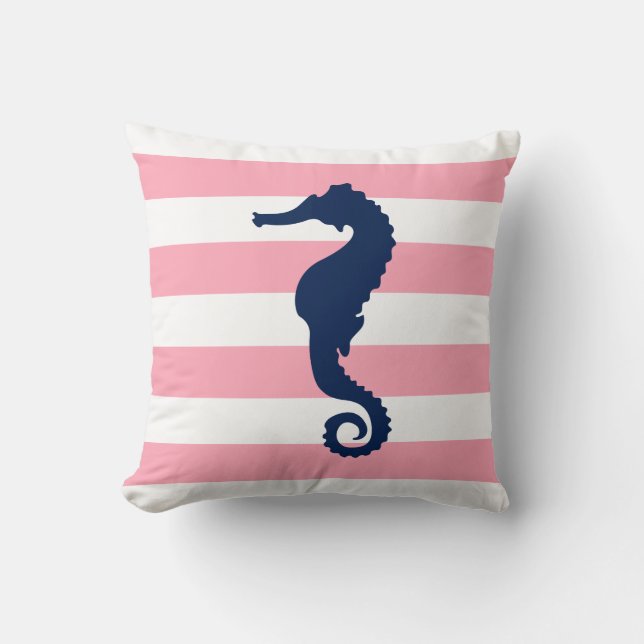 Coussin Blanc Bleu & Rose Large Stripes Motif Seahorse (Recto)