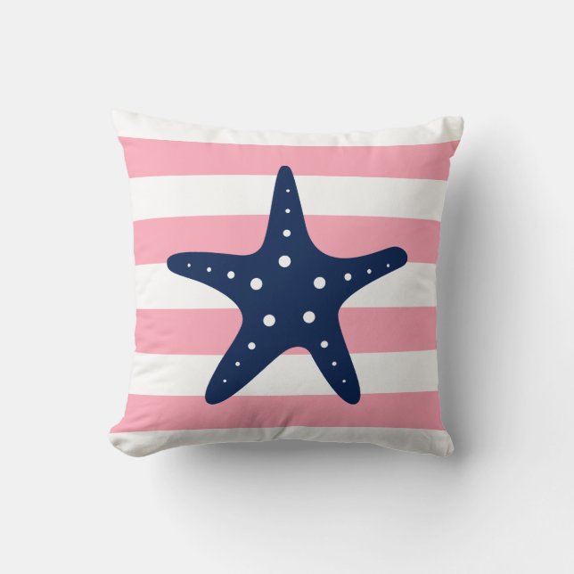Coussin Blanc Bleu & Rose Large Stripes Motif Starfish (Recto)