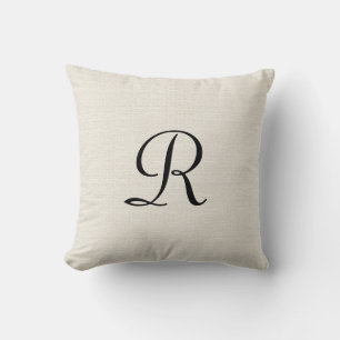 Coussin Blanc Cassé Fausse Toile de Jute Monogramme Noir