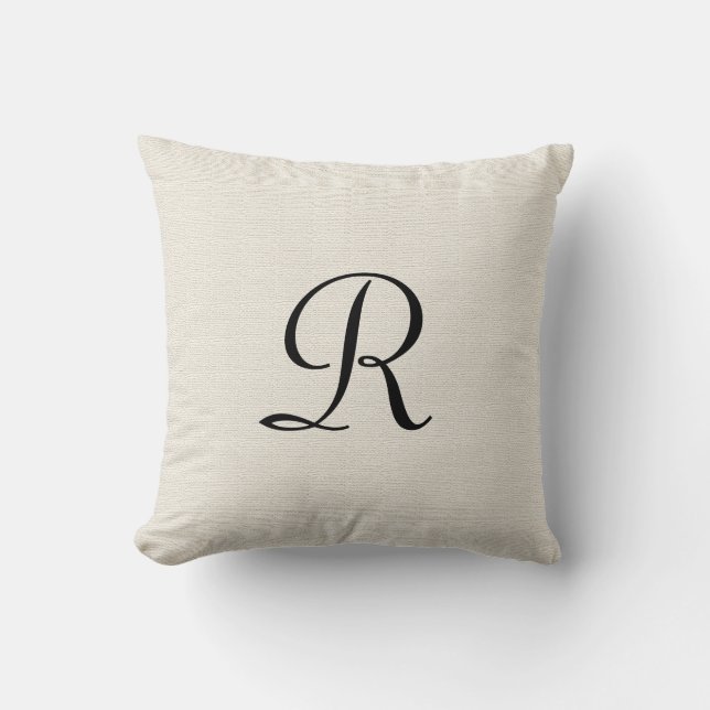 Coussin Blanc Cassé Fausse Toile de Jute Monogramme Noir (Recto)