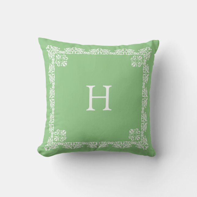 Coussin Blanc Chic Lace Vector & Monogramme sur Vert Clair (Recto)