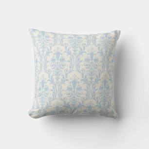 Coussin Blanc crémeux et bleu clair Damas florale torsades