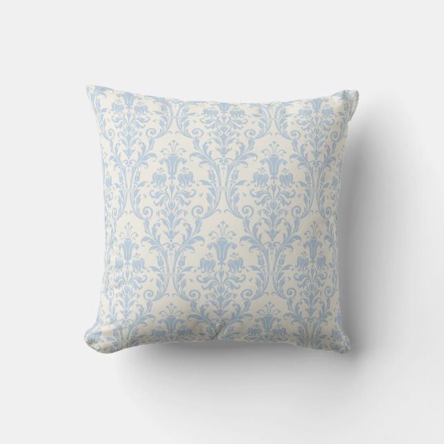 Coussin Blanc crémeux et bleu clair Damas florale torsades (Recto)