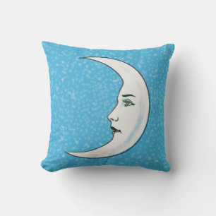 Coussin Blanc Croissant Lune Face Noir Lèvres Étoiles Bleu