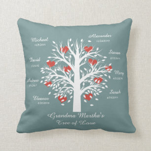 Coussin Blanc d'arbre de grand-maman (coeurs) sur le bleu,