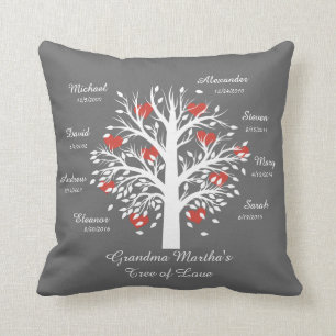Coussin Blanc d'arbre de grand-maman (coeurs) sur le gris,