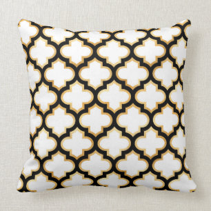 Coussin blanc de treillis de Quatrefoil d'or noir