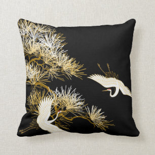 Coussin blanc d'oiseaux d'or noir de grues de
