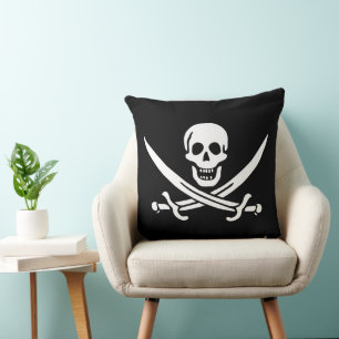 Coussin Blanc, Drapeau Pirate Calico Jack, Crâne & Cutlass