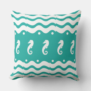 Coussin blanc et bleu turquoise MER HORSE vie côtière