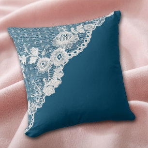 Coussin Blanc Faux Lace Corner Cerulean Bleu