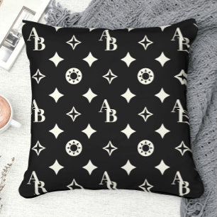 Coussin Blanc ivoire Cuisiné Monogramme initial Motif Noir