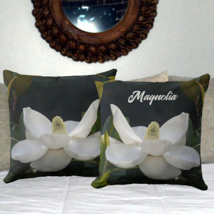 Coussin Blanc Magnolia Blossom Floral Botanique Vert foncé
