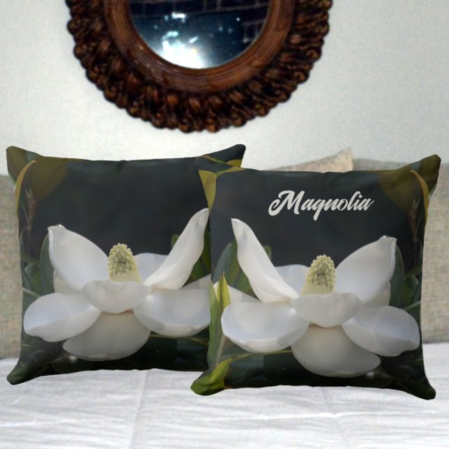 Coussin Blanc Magnolia Blossom Floral Botanique Vert foncé (Créateur téléchargé)