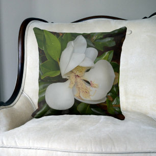 Coussin Blanc Magnolia Blossom Floral Vert et Blanc