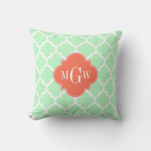Coussin Blanc Menthe Monogramme Initiale #5 Corail 3 Maroc