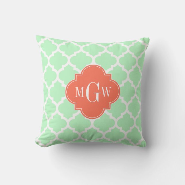 Coussin Blanc Menthe Monogramme Initiale #5 Corail 3 Maroc (Recto)