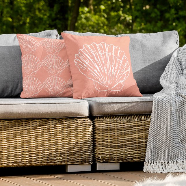 Coussin Blanc Motif Coquillages Marins Corail Rose Pâle (Créateur téléchargé)
