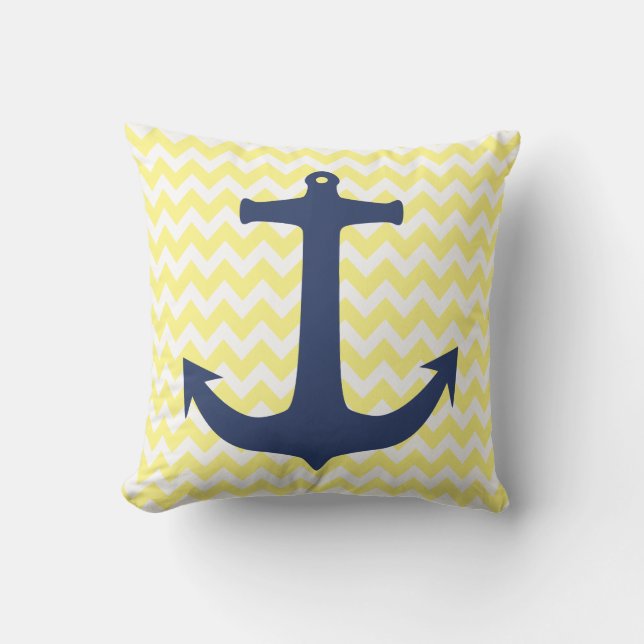 Coussin Blanc nautique Chevron de jaune d'Ancre de bleu (Recto)