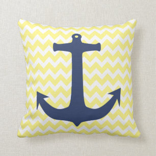 Coussin Blanc nautique Chevron de jaune d'Ancre de bleu