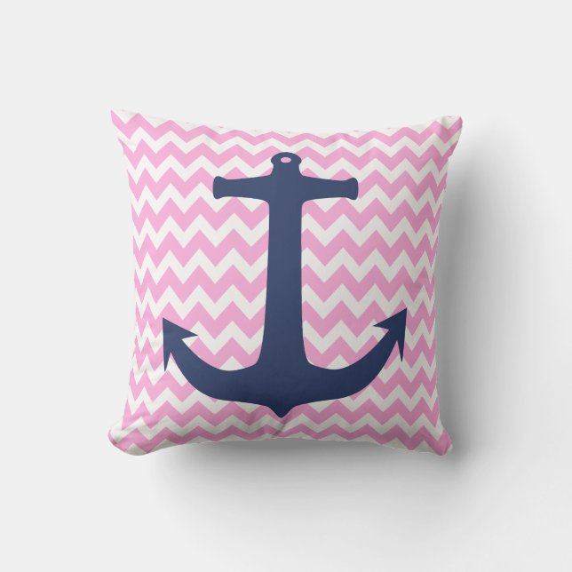 Coussin Blanc nautique Chevron de rose d'Ancre de bleu (Recto)