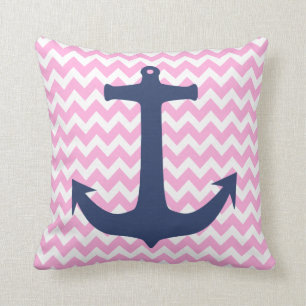 Coussin Blanc nautique Chevron de rose d'Ancre de bleu