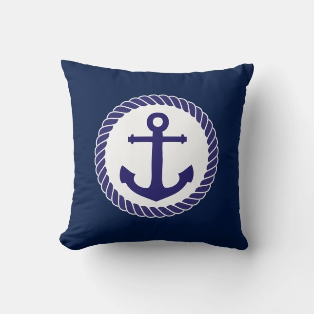 Coussin Blanc nautique de bleu marine d'Ancre (Recto)