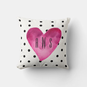Coussin Blanc + noir pois Aquarelle Coeur Monogramme