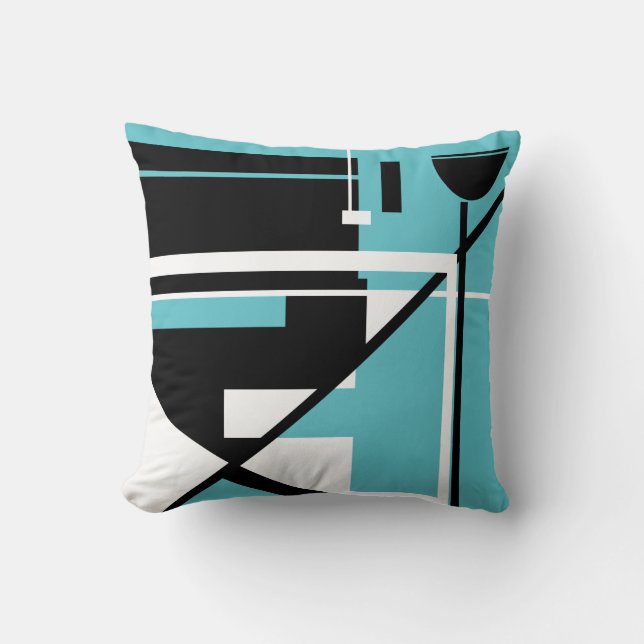 Coussin Blanc noir sur Aqua clair Art géométrique Abstrait (Recto)