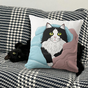 Coussin Blanc Noir Tuxedo Couvercles de chat Bleu Pink