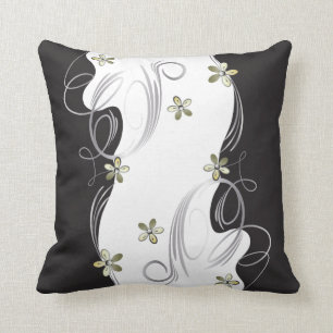 Coussin Blanc, or, argent, conception florale noire